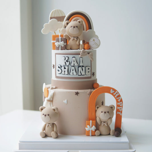 Fondant Cuttie Bear Orange Theme Two Tier Cake