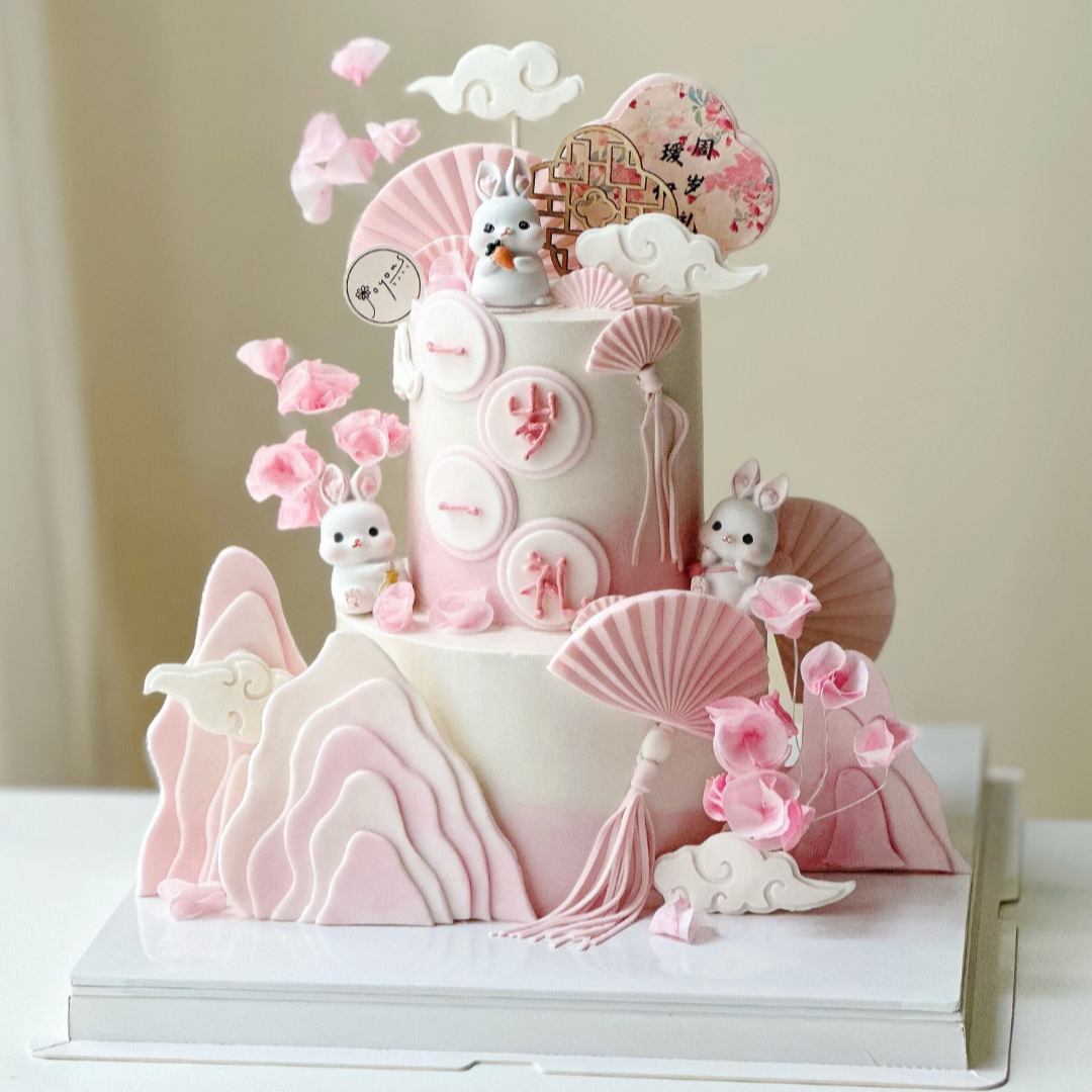 Chinese Style Pink Bunny Two-Tier Fondant Cake