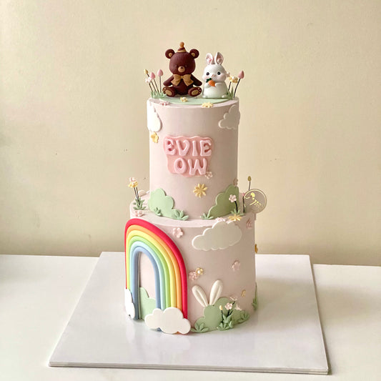 Bear & Rabbit Rainbow Theme Two Tiers Cake