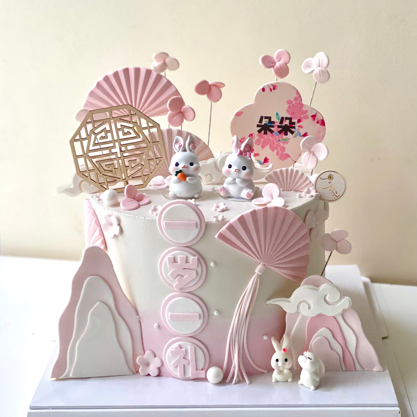 Chinese Style Pink Bunny Theme Customise Cake