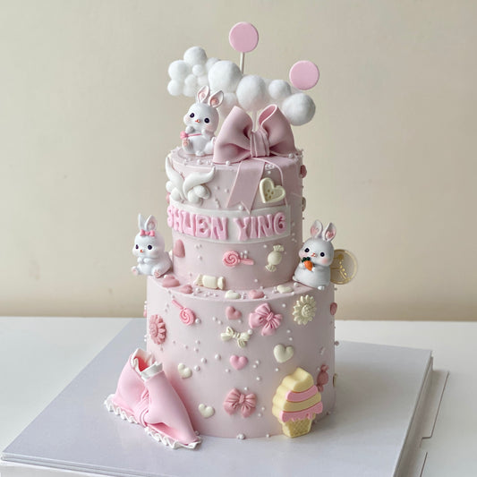 Pink Sweetheart Bunny Two-Tier Fondant Cake